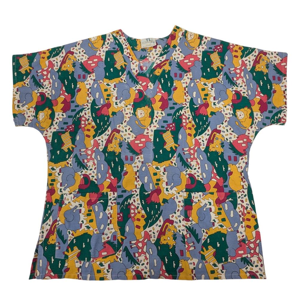 TL Uniforms Medical Scrub Top Multicolor w/ Elephants, Hippos Etc. Size XL